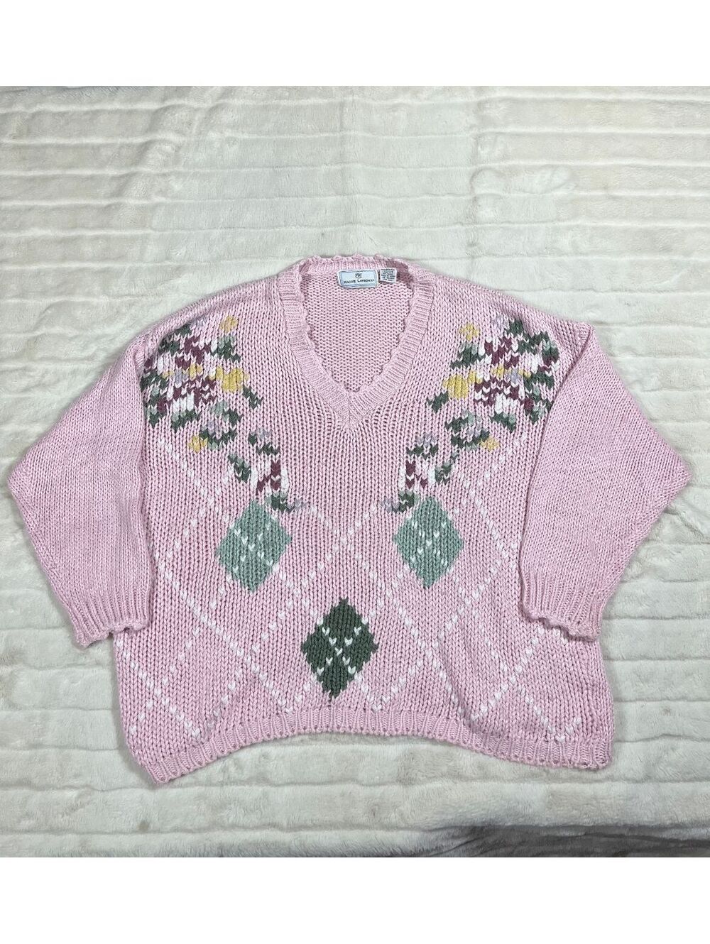 VTG Maggie Lawrence Women 22/24 Pastel Pink Soft Girl Argyle Fall Chunky Sweater